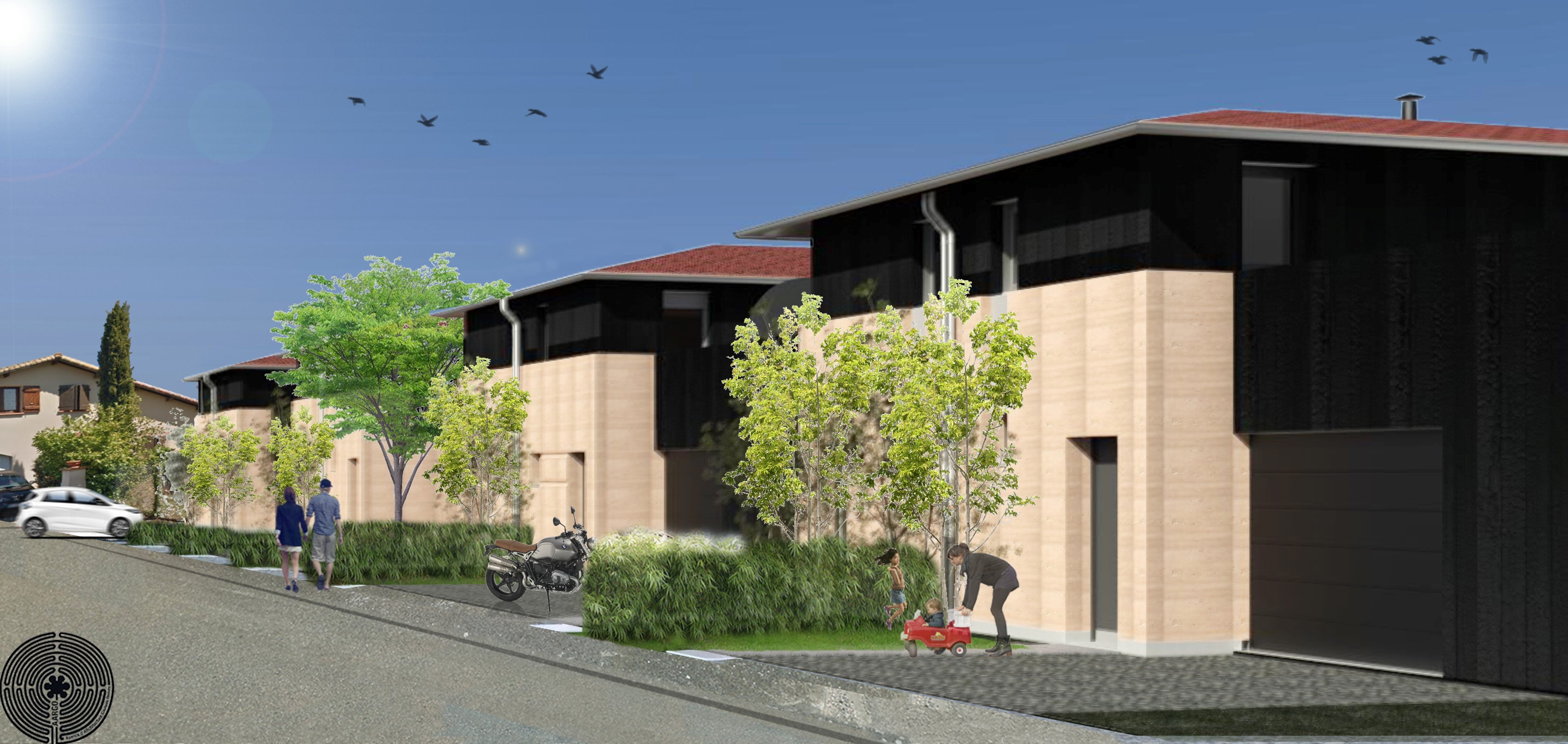 Projet de maisons individuelles avec murs en béton de terre © Goulven Omnes Projet de maisons individuelles avec murs en béton de terre © Goulven Omnes