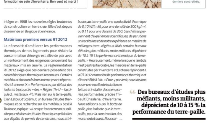 Elian Latour cité dans le numero octobre/novembre 2017 du magazine La Maison écologique - Le terre-paille prend du galon