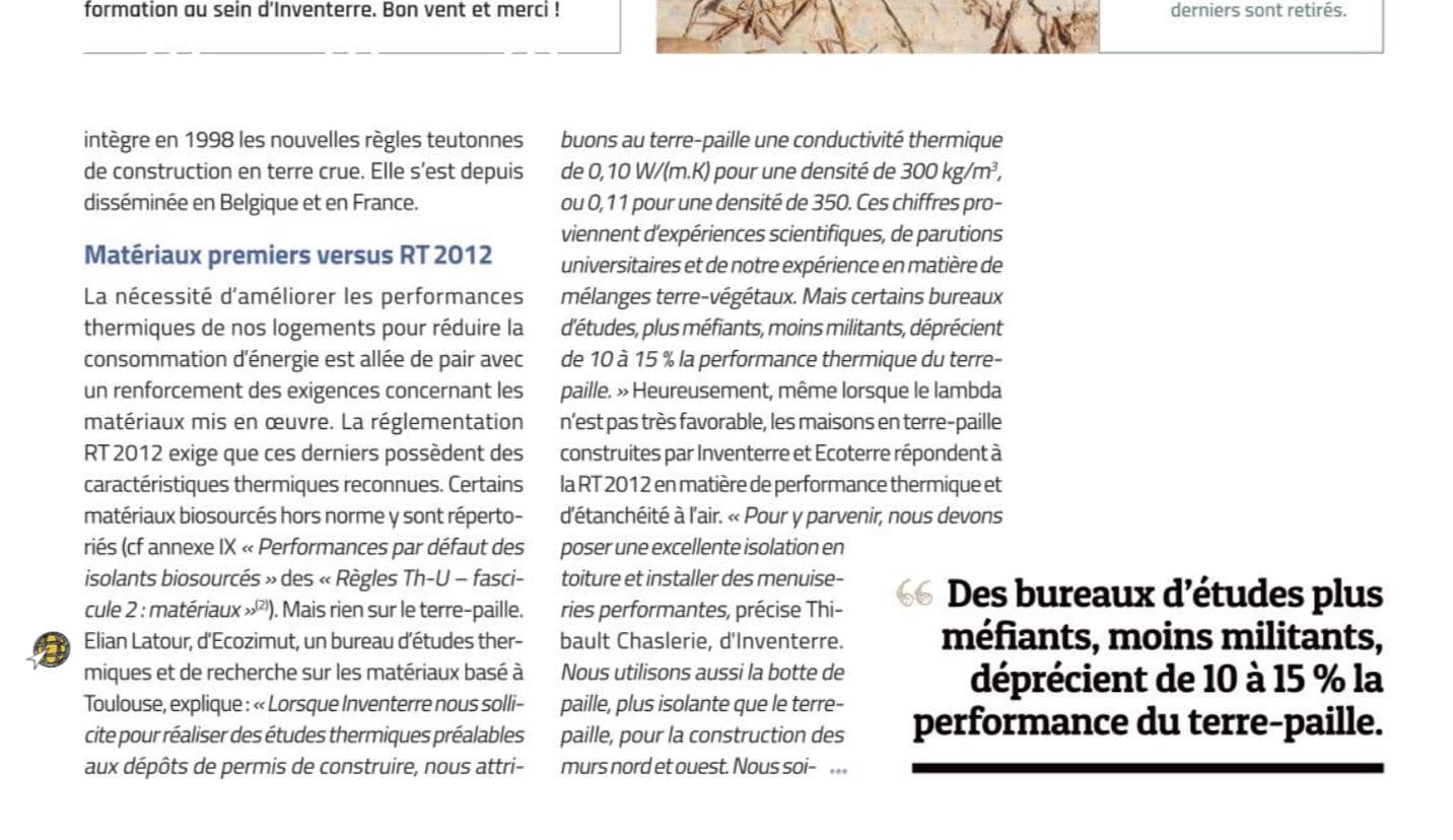 Elian Latour cité dans le numero octobre/novembre 2017 du magazine La Maison écologique - Le terre-paille prend du galon