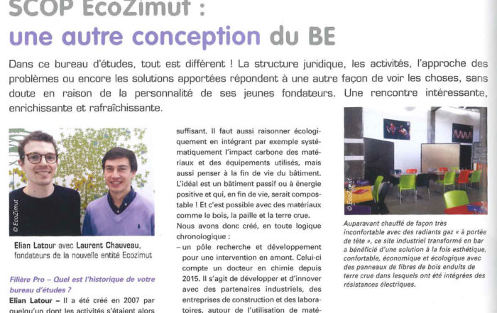 Retrouvez l'interview de notre spécialiste #construction #écologique Elian Latour dans le dernier numéro du magazine FilierePro . L'article "SCOP ECOZIMUT : une autre conception du BE" vous permettra d'en savoir un peu plus sur nous et nos activités.